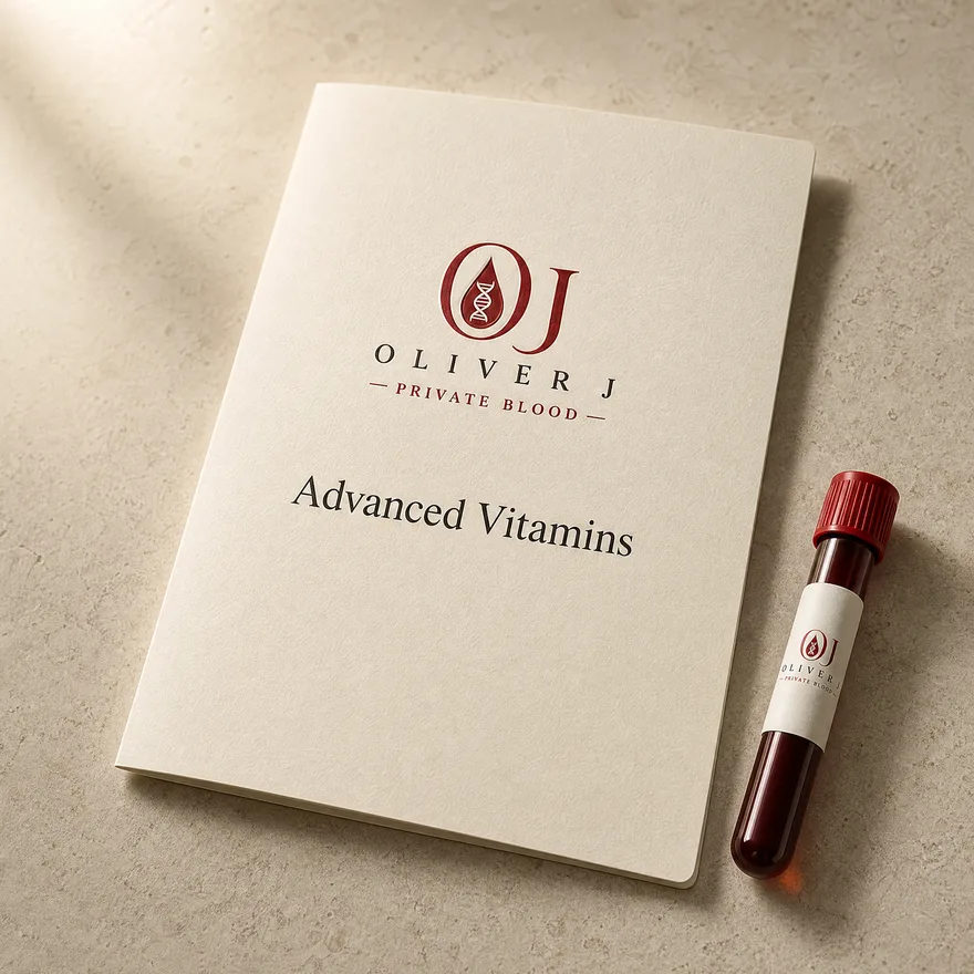 Advanced Vitamins test: Oliver J Private Blood presentation folder and sample vial