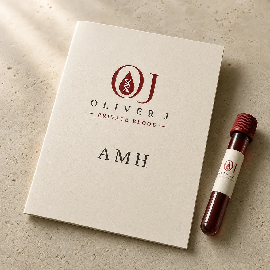 Anti-Müllerian Hormone (AMH) test: Oliver J Private Blood presentation folder and sample vial