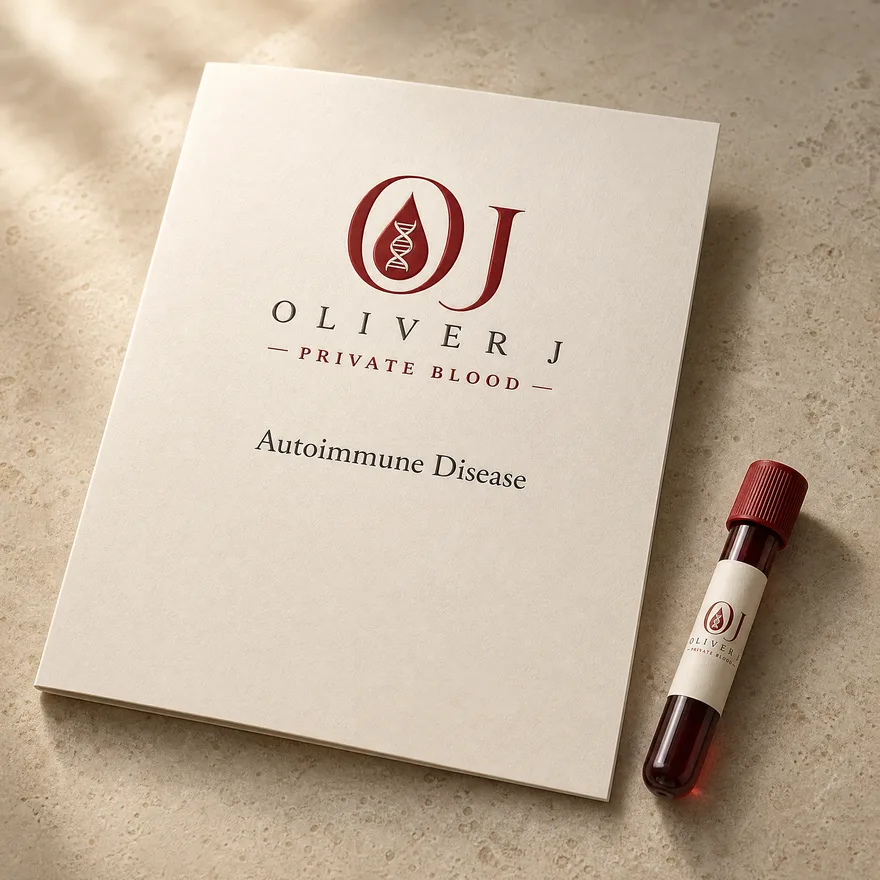Autoimmune Disease test: Oliver J Private Blood presentation folder and sample vial
