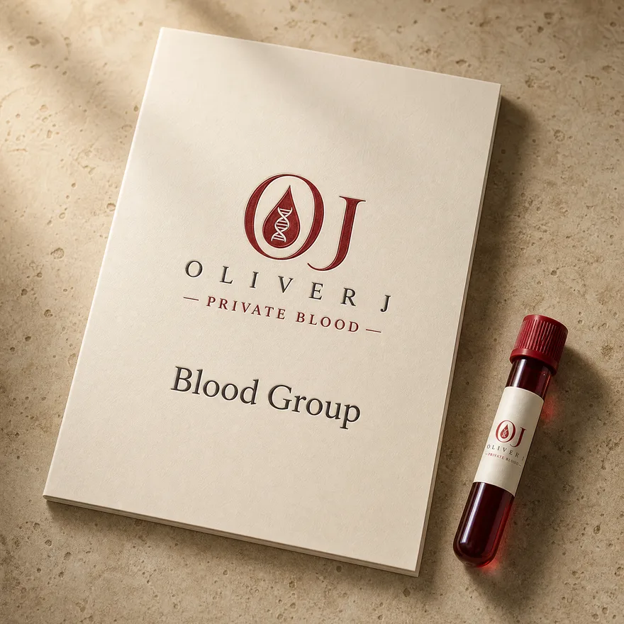 Blood Group blood test: Oliver J Private Blood presentation folder and labelled sample vial on travertine