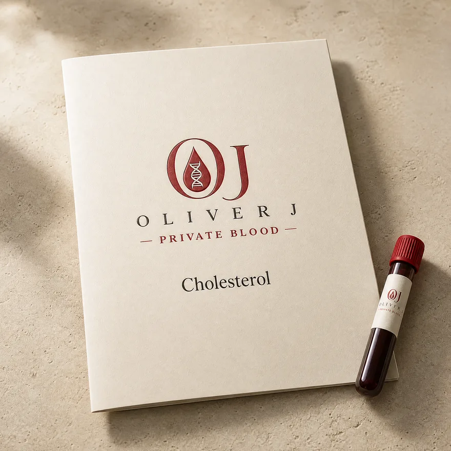 Cholesterol blood test: Oliver J Private Blood presentation folder and labelled sample vial on travertine