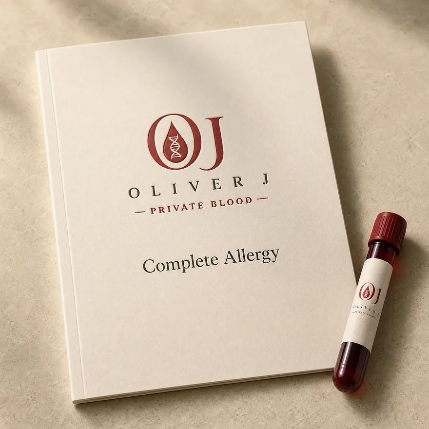 Complete Allergy blood test: Oliver J Private Blood presentation folder and labelled sample vial on travertine