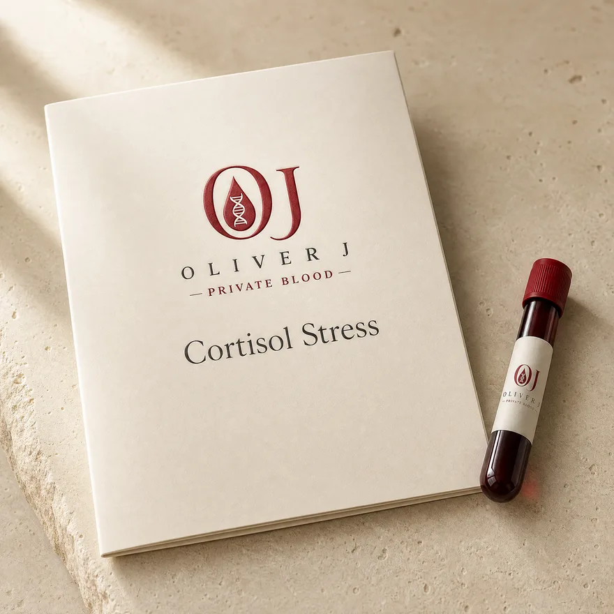 Cortisol Stress blood test: Oliver J Private Blood presentation folder and labelled sample vial on travertine