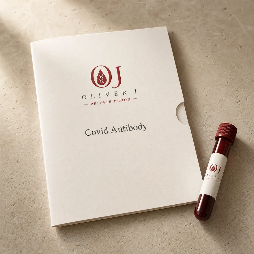 Covid Antibody test: Oliver J Private Blood presentation folder and sample vial