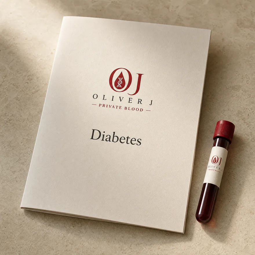 Diabetes (HbA1c) test: Oliver J Private Blood presentation folder and sample vial