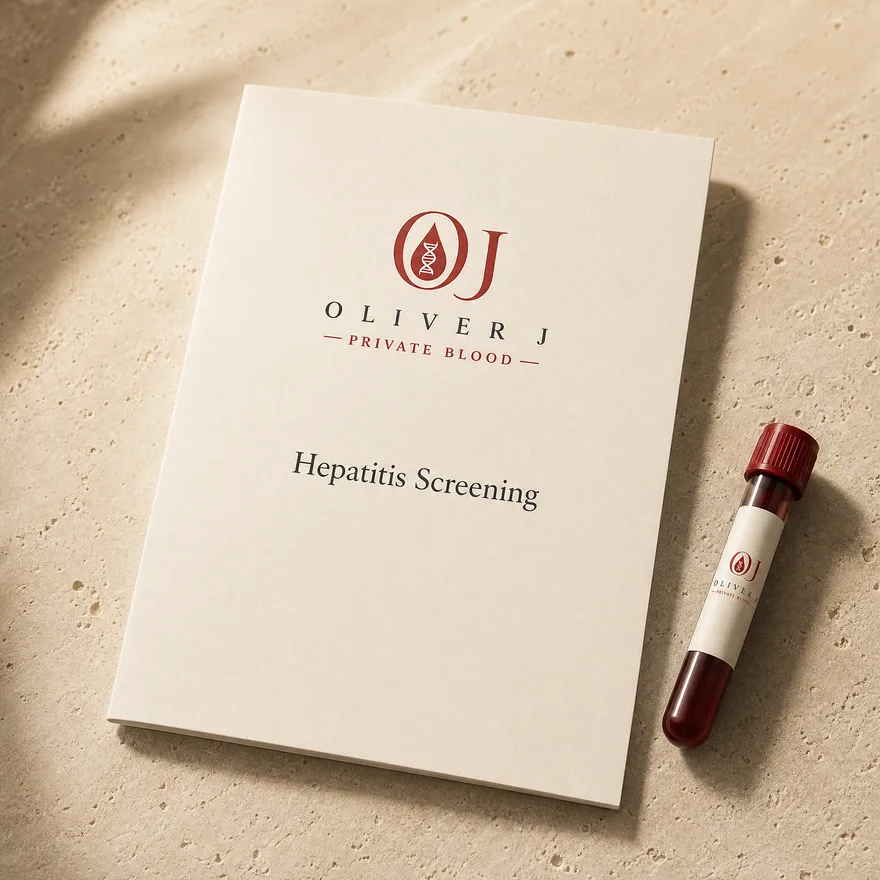 Hepatitis Screening blood test: Oliver J Private Blood presentation folder and labelled sample vial on travertine