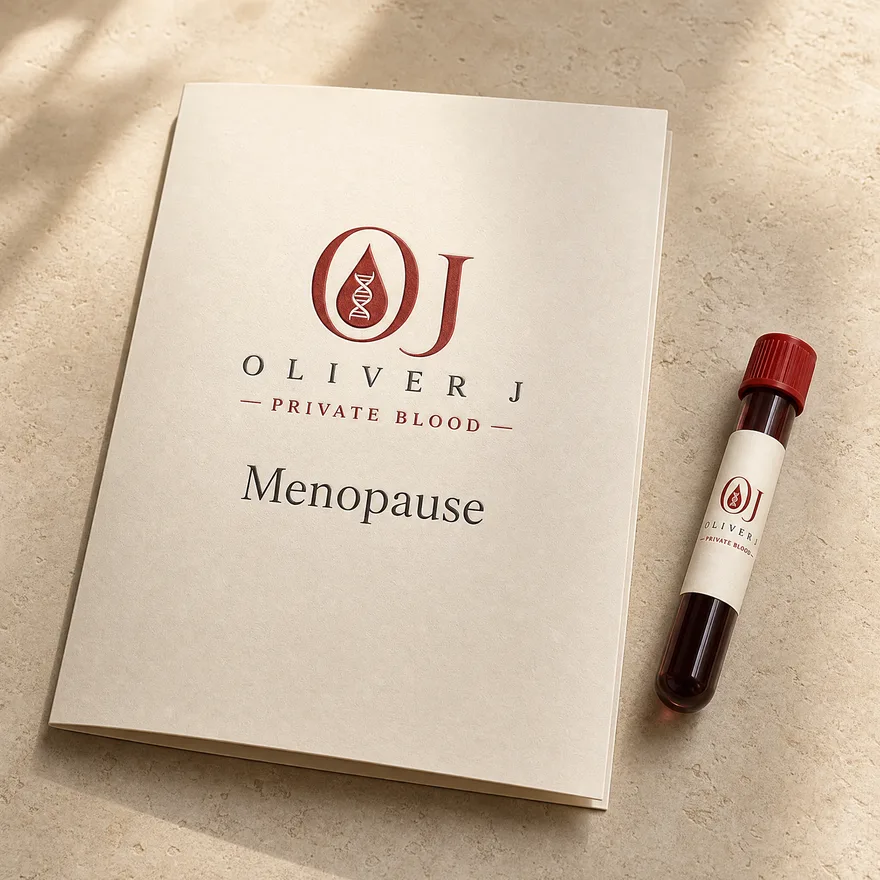 Menopause test: Oliver J Private Blood presentation folder and sample vial