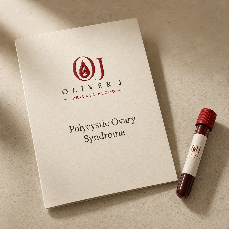 Polycystic Ovary Syndrome test: Oliver J Private Blood presentation folder and sample vial