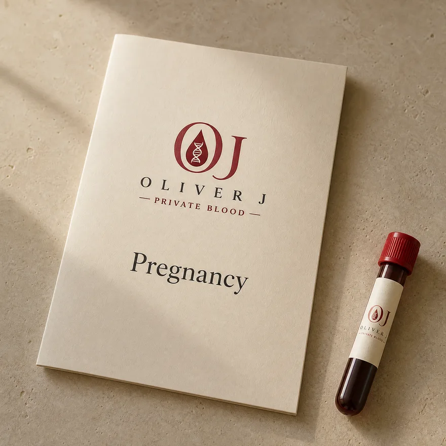 Pregnancy blood test: Oliver J Private Blood presentation folder and labelled sample vial on travertine