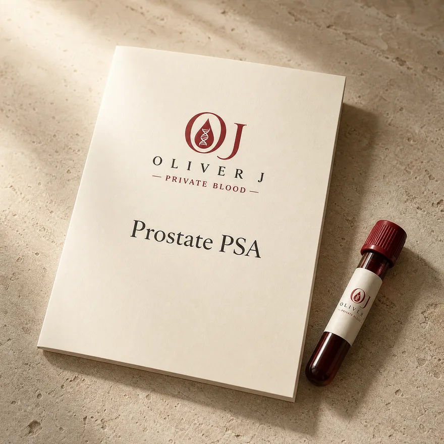 Prostate PSA blood test: Oliver J Private Blood presentation folder and labelled sample vial on travertine
