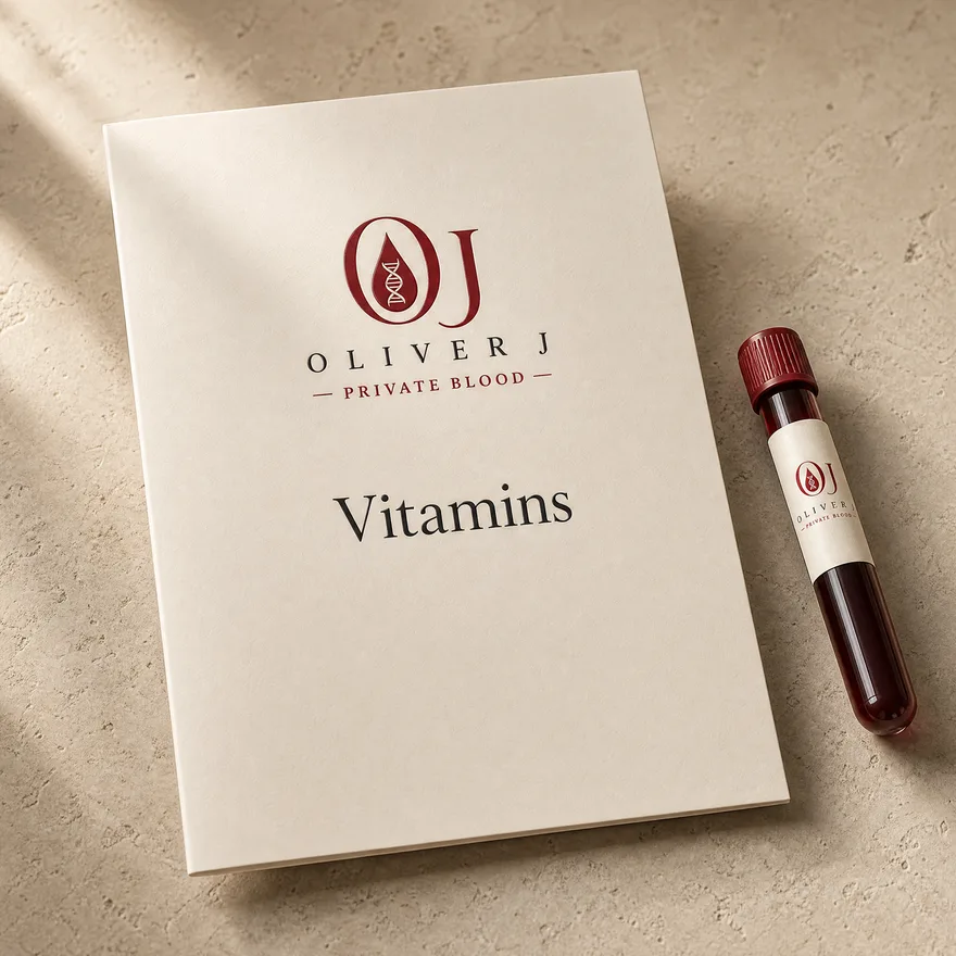 Vitamins test: Oliver J Private Blood presentation folder and sample vial