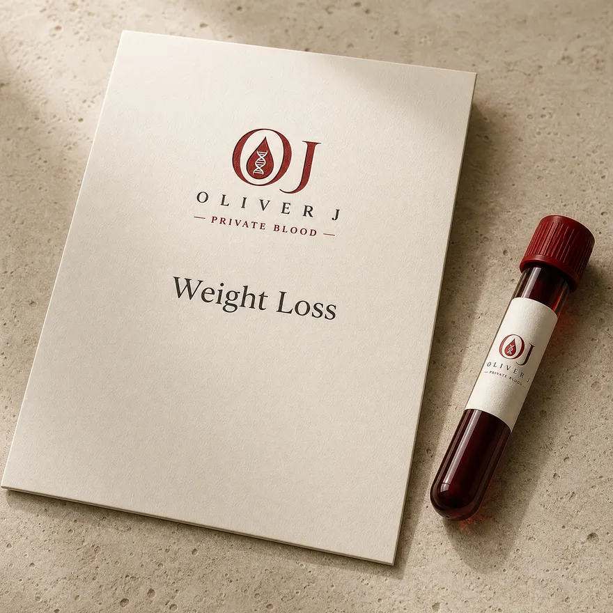 Weight Loss test: Oliver J Private Blood presentation folder and sample vial